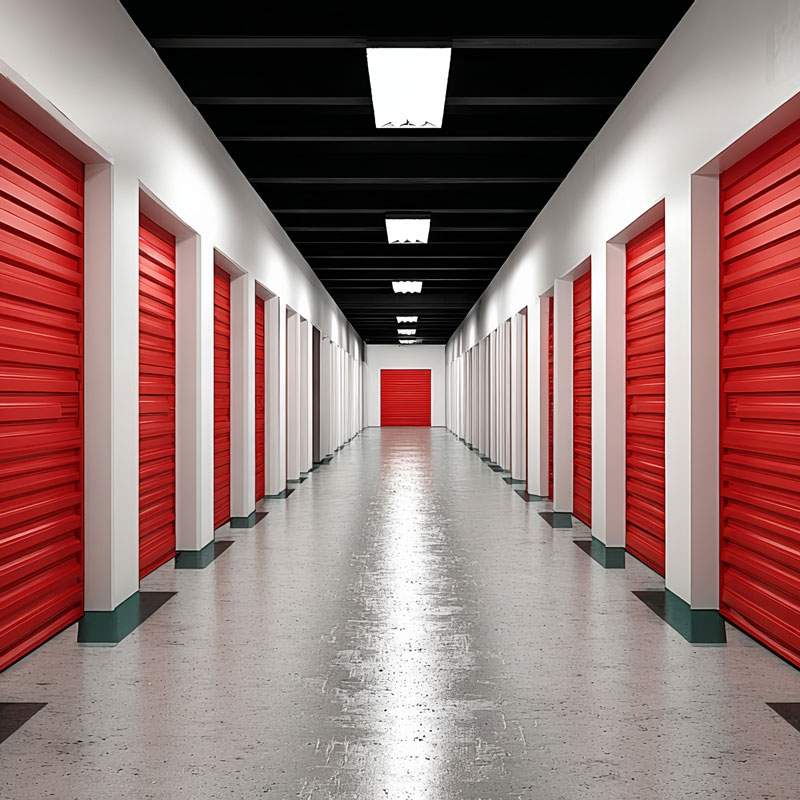 Self-storage facility interior with modern design and red doors